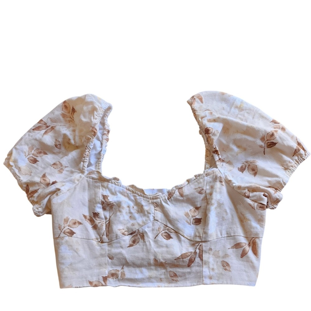 House of Harlow 1960 Linen Blend Sweetheart Crop Top Cream Brown Print Puff , 10
